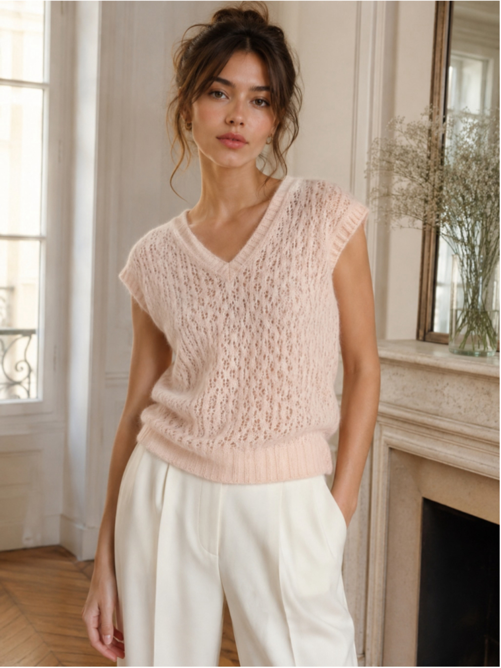 Ensea Cashmere Sweater Women’s S Pointelle V-Neck Balletcore Luxury Blush Pink